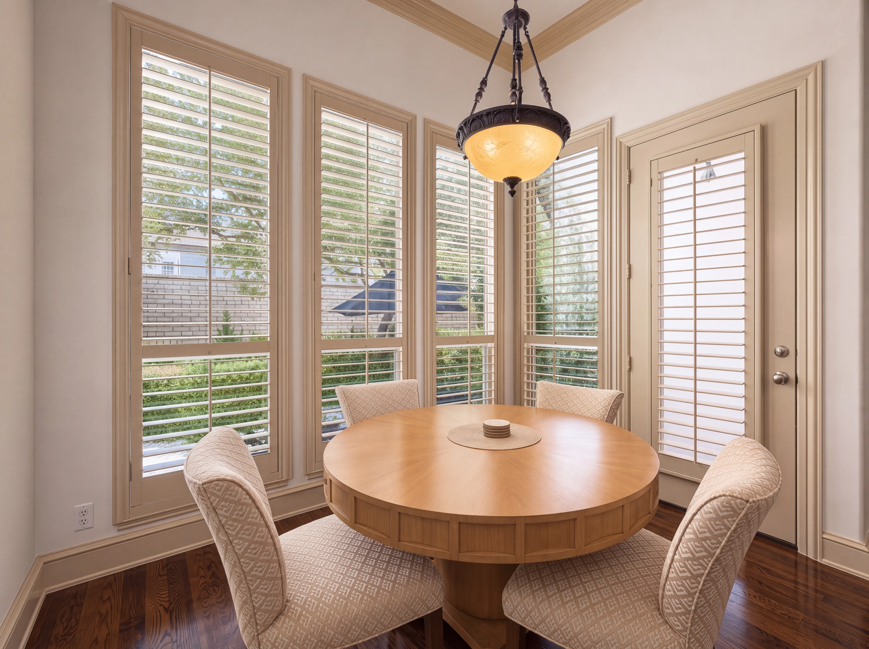Breakfast room in a bay of shuttered windows