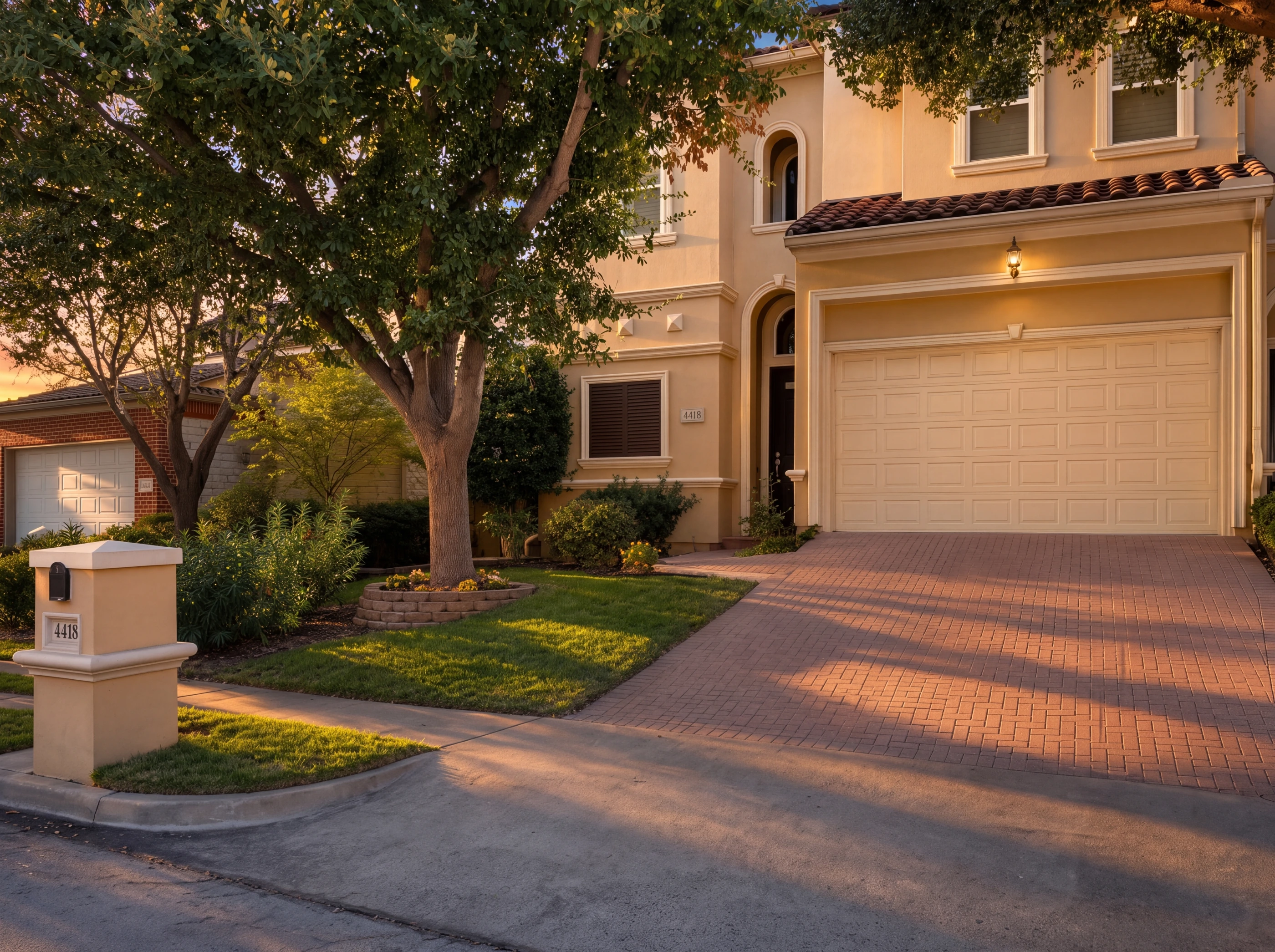 Elevation and herringbone brick drive