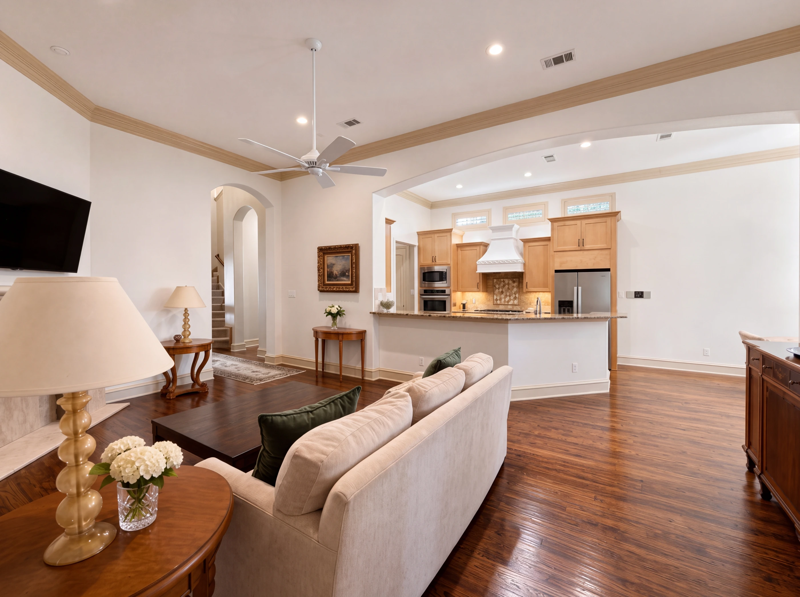 Living room open to the kitchen