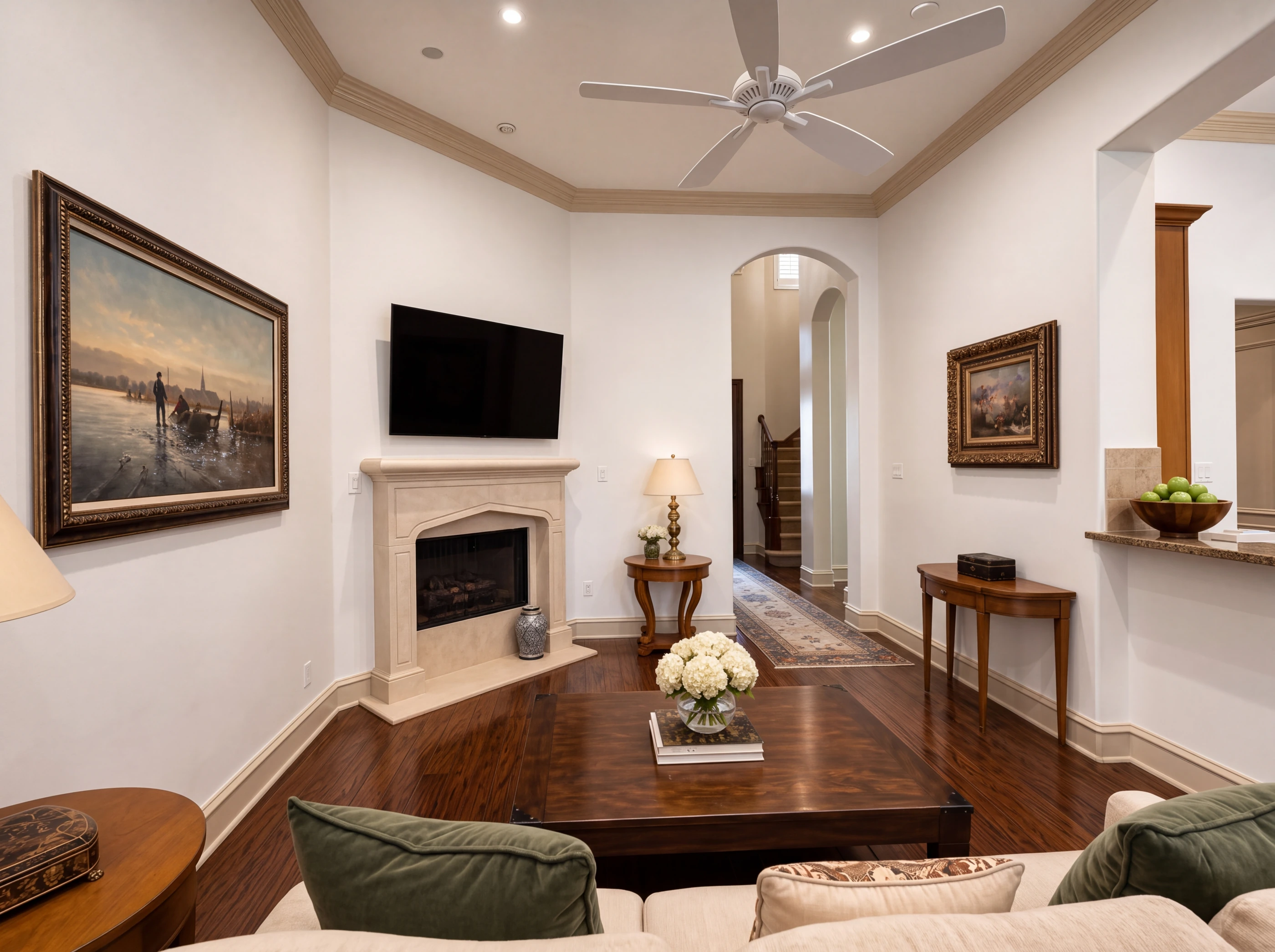 Living room seating and fireplace