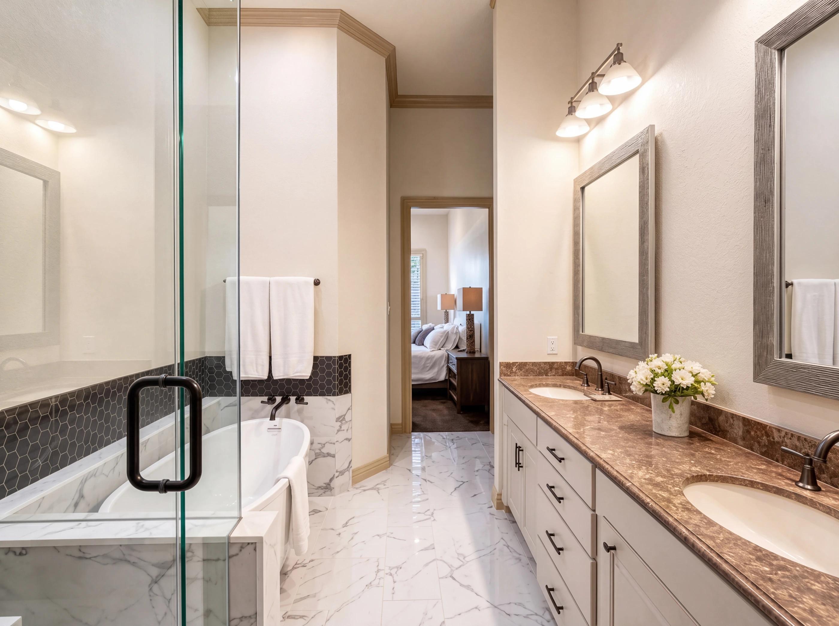 Primary bath vanity and frameless glass shower