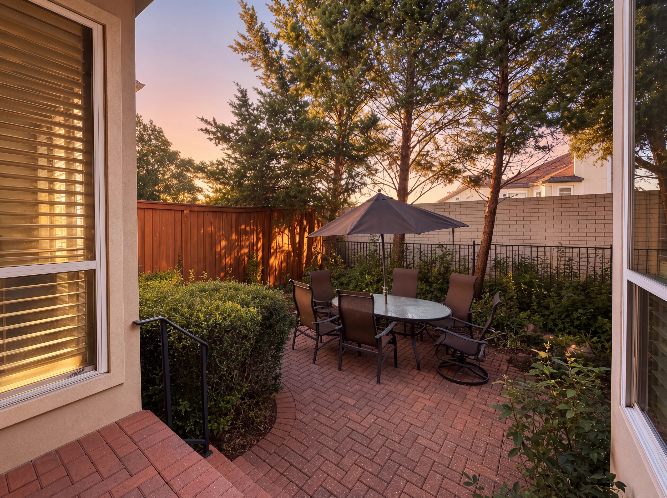Brick courtyard patio at dusk