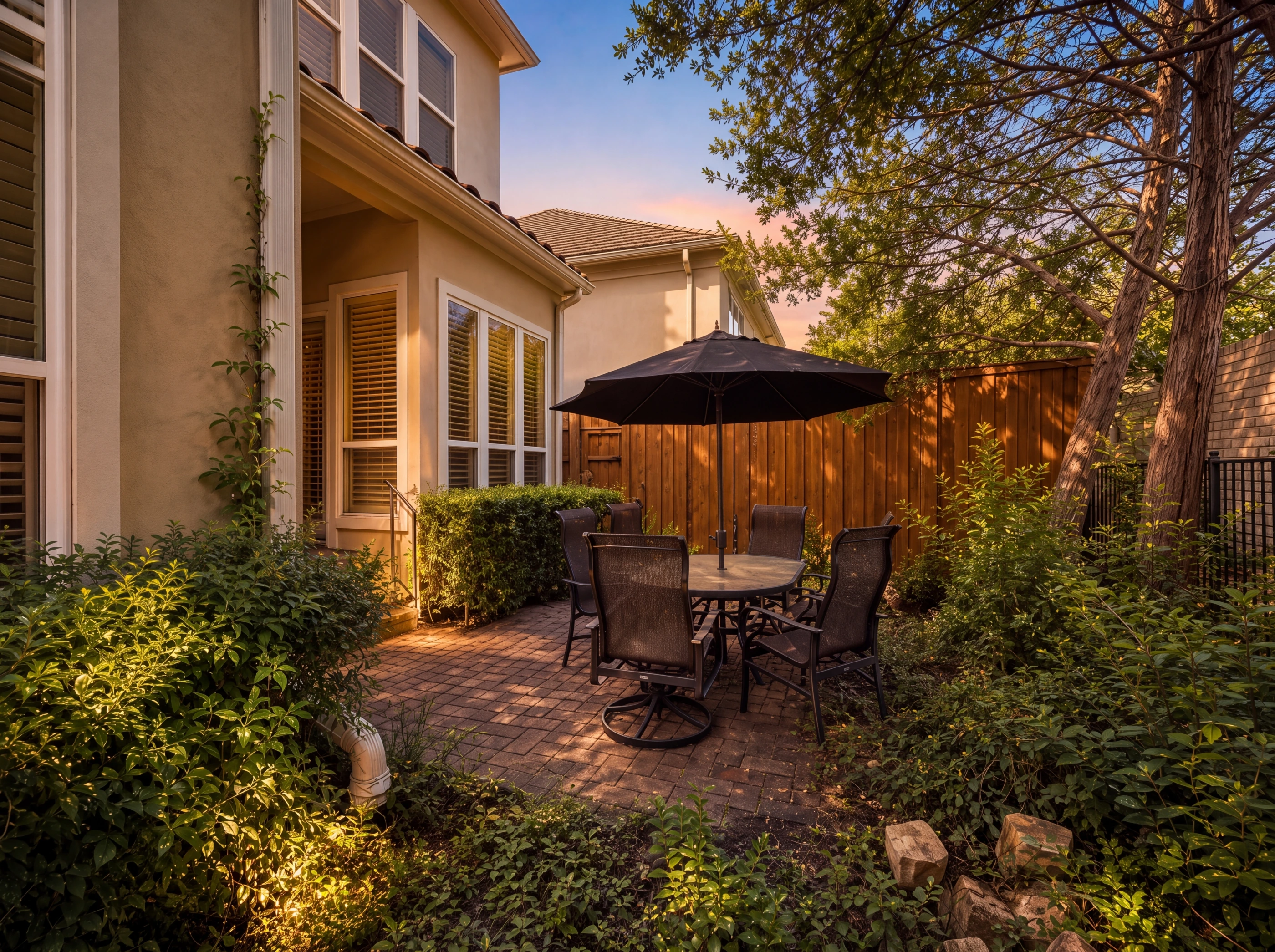 Brick courtyard patio and covered porch at dusk