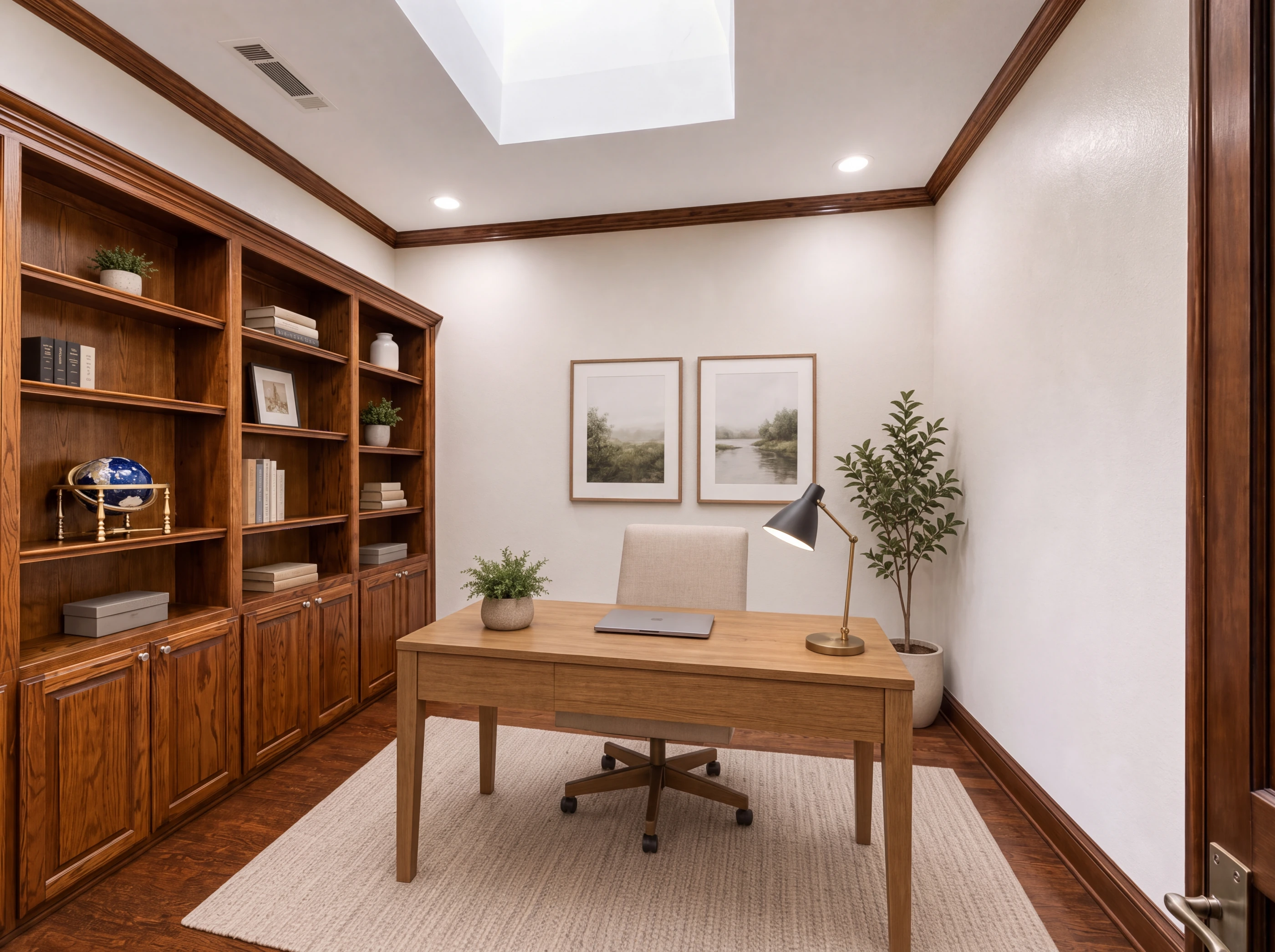 Library with floor-to-ceiling built-ins and skylight