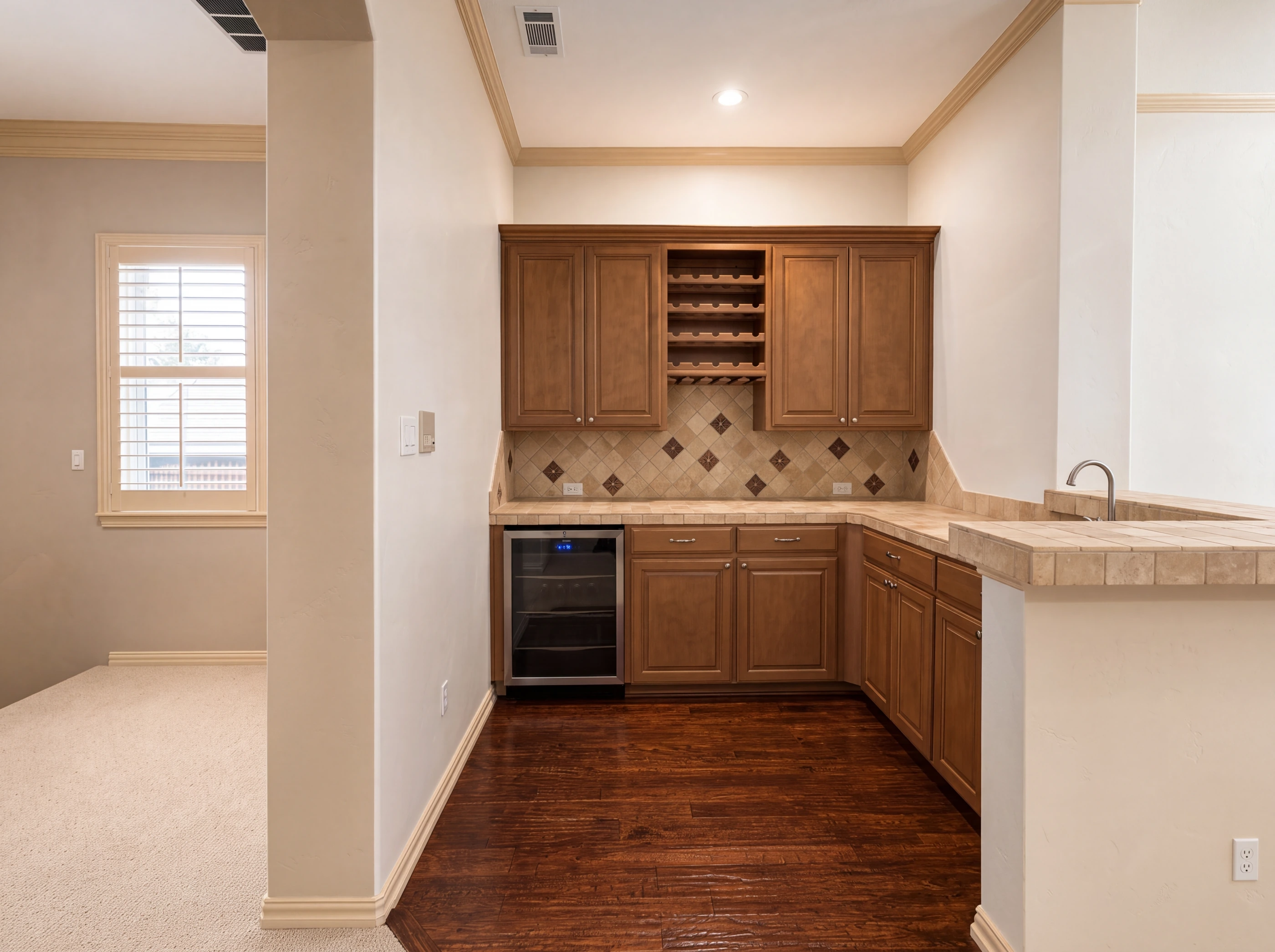 Wet bar with built-in wine cooler